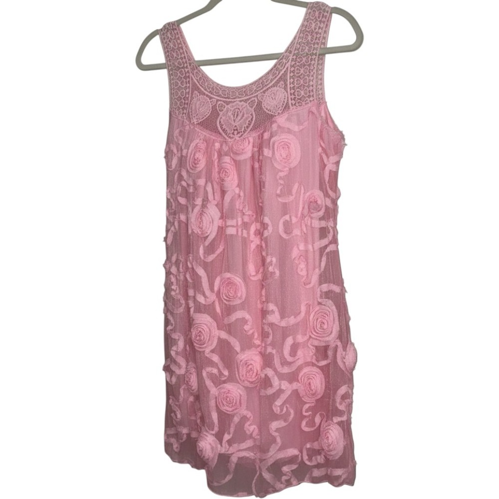 OB2-12 Rosette Mini Dress Womens M Pink Crochet Lace 3D Texture Sleeveless Twee